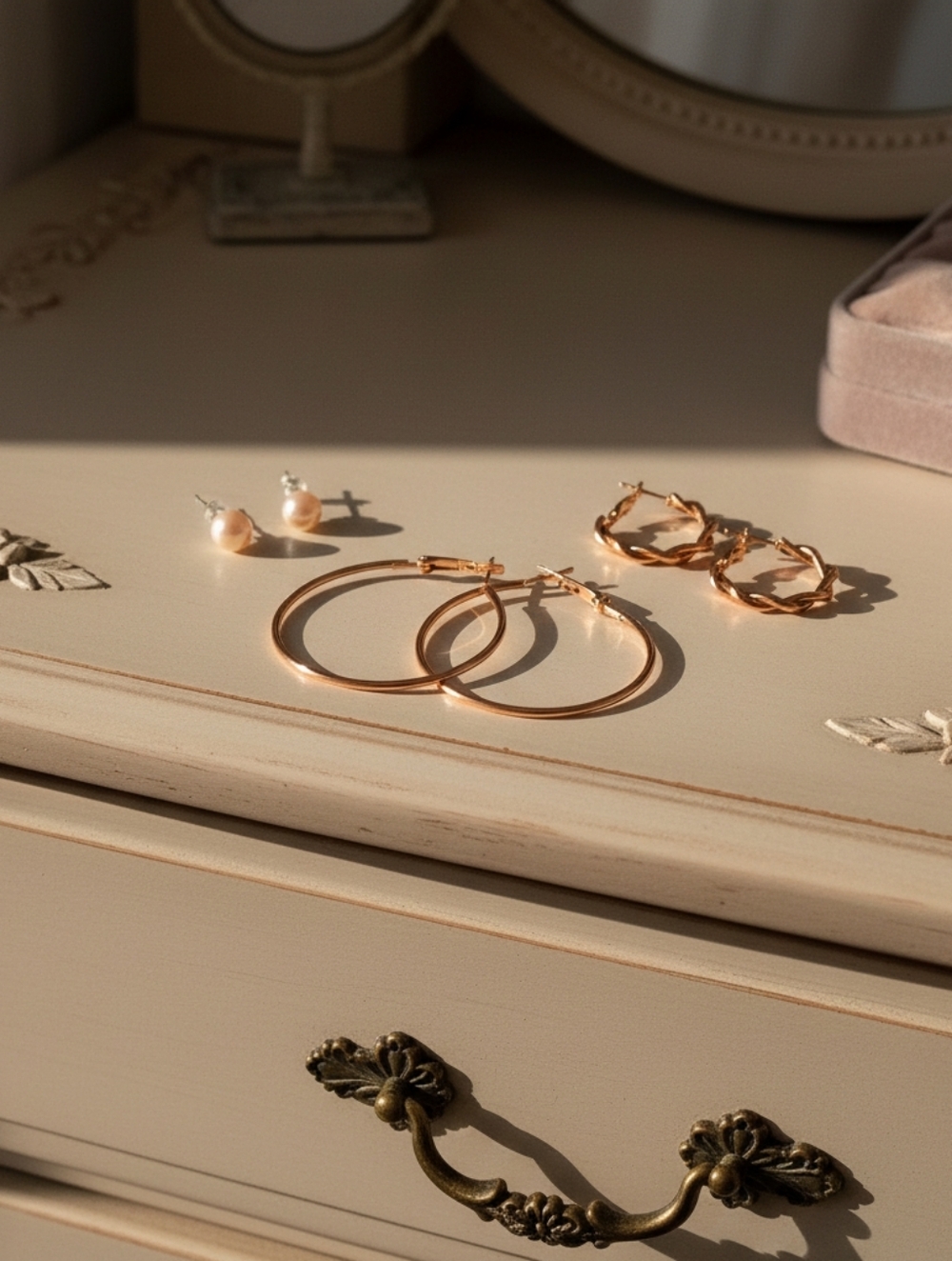 Vintage Gold Hoop Earring Set with Pearl Studs - Women's Estate Jewelry Set